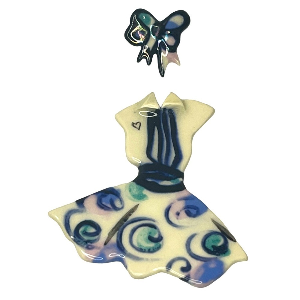 Vintage Sharon Roslund ‘97 Two Piece Ceramic White and Blue Dress and Bow Brooch
